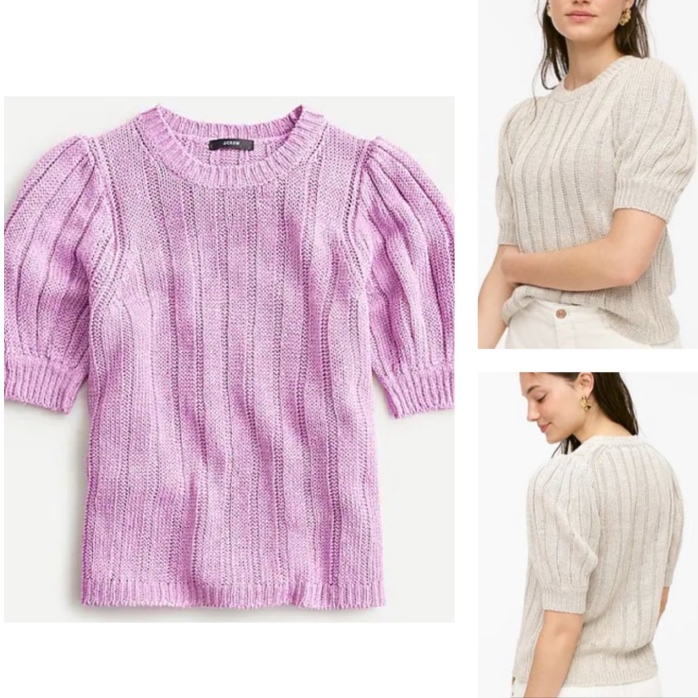 NEW J. Crew Lilac Puff Sleeve Linen Ribbed Knit Sweater in Thistle - L